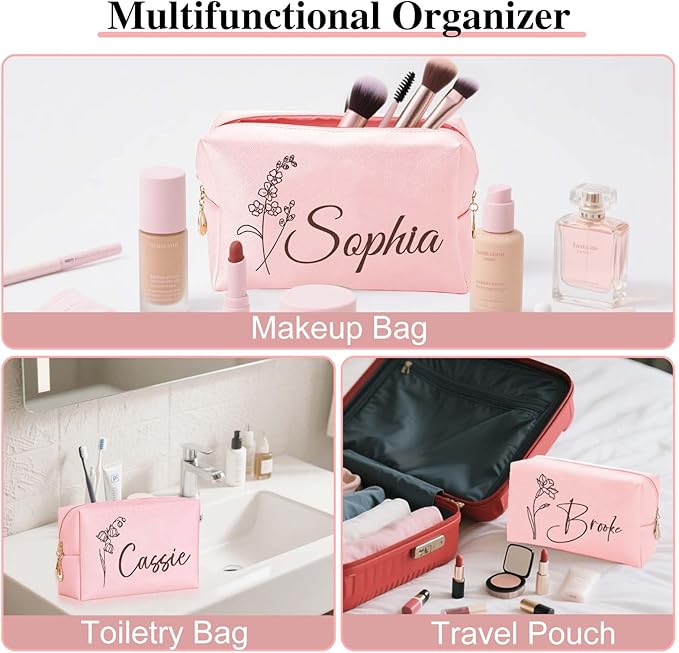 Fincekoom Personalized Makeup Bag with Name & Birth Flower, Custom Leather Cosmetic Bags for Women, Customized Travel Toiletry Bag Gifts for Bridesmaid Wedding