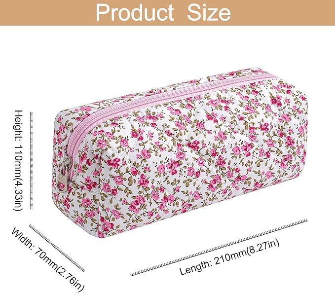HHQQWZ Cute Floral Cotton Makeup Brush Cosmetic Bag for Women, Travel Quilted Zipper Make Up Bag, Flowers Toiletry Organizer Case Kawaii Makeup Cosmetic Travel Cloth Pouch (Red Floral)
