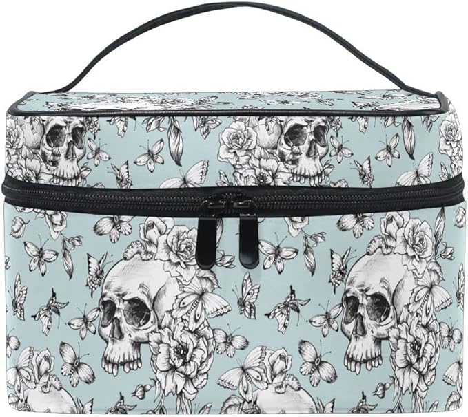 MNSRUU Skull Makeup Bag, Vintage Goth Skull Butterfly Makeup Organizer Bags Toiletry Bag Box Travel Cosmetic Bag Make Up Train Case for Women Teen Girl Ladies