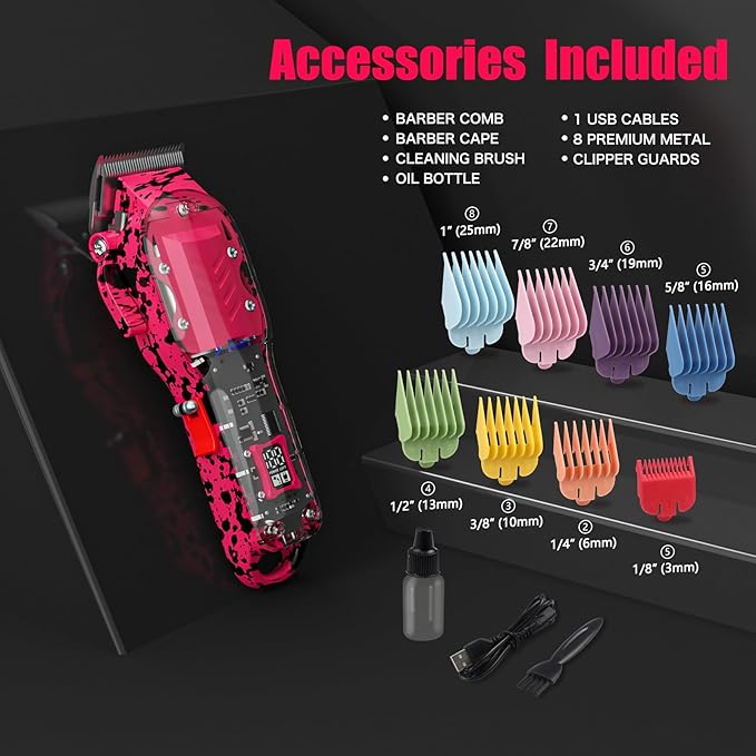Tuanchuanrp Professional Hair Clippers for Woman, Cordless Barber kit for Hair Cutting & Grooming, Hair Clippers Set for Barber Haircut with LED Display 8 Fade Taper Combs(Pink)