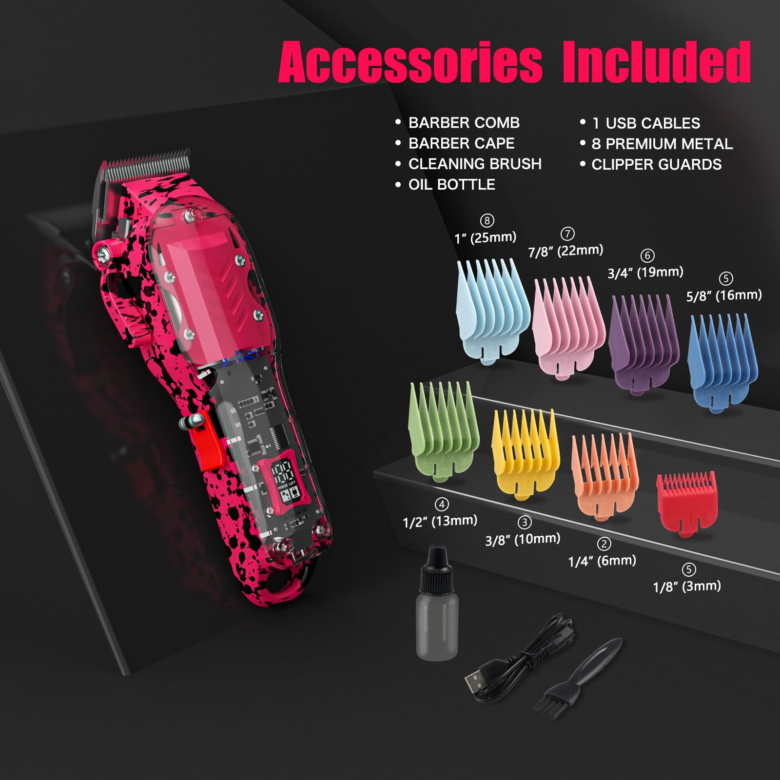 Tuanchuanrp Professional Hair Clippers for Woman, Cordless Barber kit for Hair Cutting & Grooming, Hair Clippers Set for Barber Haircut with LED Display 8 Fade Taper Combs(Pink)