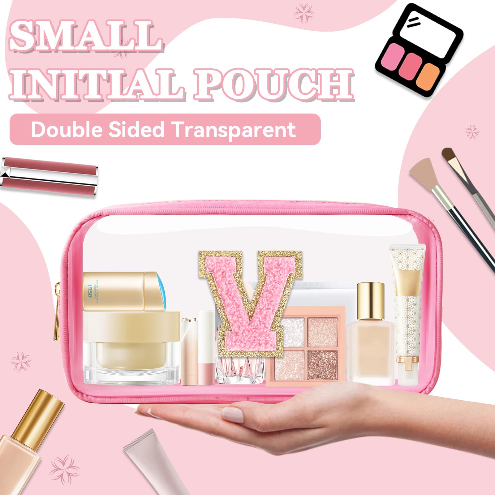 Small Clear Personalized Initial Makeup Bag, Preppy Nylon A-Z Chenille Letter Patch Makeup Organizer TSA Approved Travel Toiletry Bag,Waterproof Zip Beach Cosmetic Pouch Purse for Women(Pink-Pink V)