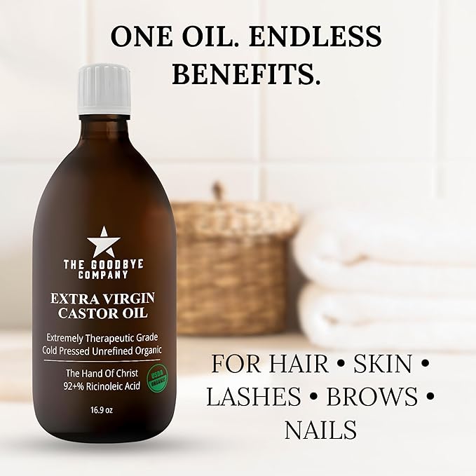 GoodBye Company USDA Organic Cold-Pressed Castor Oil, 16.9 oz Amber Glass Bottle, Hexane-Free, Extra Virgin, Food Grade, for Hair, Skin, Lashes, Brows & Digestive
