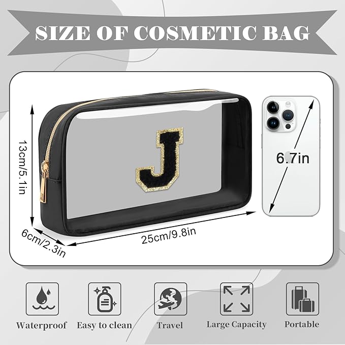 UIXIZQ Personalized Initial Letter Clear Makeup Bag,Preppy Small Nylon&PVC Cosmetic Zipper Bag with Chenille Letter,Travel Skincare Toiletry Bag,Monogram Christmas Gift for Teen Girls Women,J