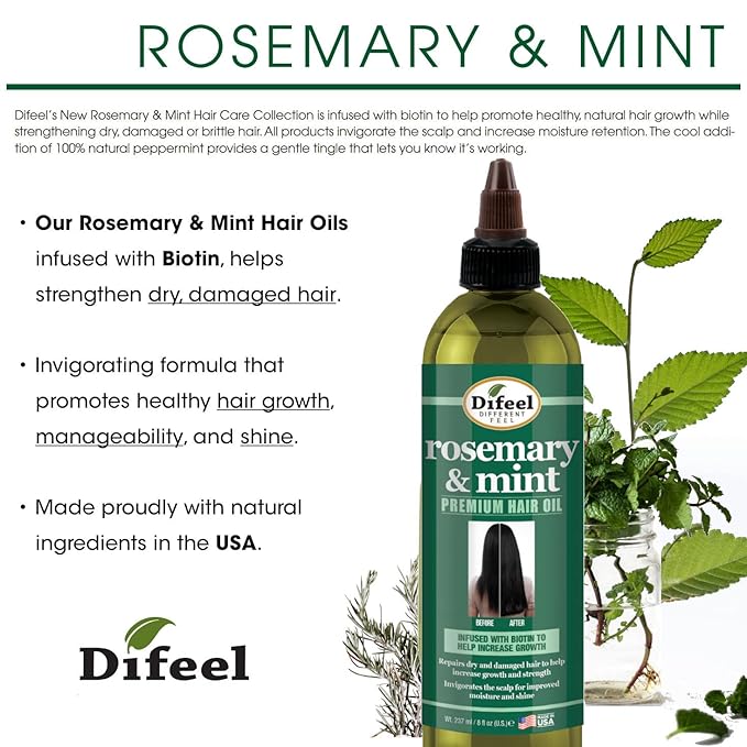 Difeel Rosemary and Mint Hair Oil Blend with Biotin 8 oz. - Made with Natural Mint & Rosemary Oil for Hair Growth