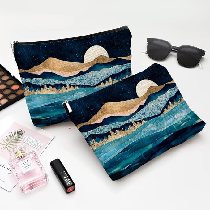 Givotin Cute Makeup Bag for Purse Canvas Waterproof Funny Cosmetic Bags for Women Zipper Travel Toiletry Pouch-Mountain Moon Lake Makeup Bags