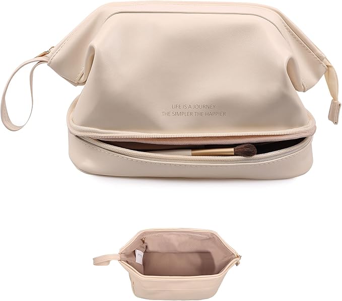 Abiudeng Waterproof Double Layer Makeup Bag for Women, Large Capacity Faux Leather Travel Cosmetic Bag with Compartments & Brush Holder, Portable Makeup Organizer for Traveling Gift for women