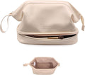 Abiudeng Waterproof Double Layer Makeup Bag for Women, Large Capacity Faux Leather Travel Cosmetic Bag with Compartments & Brush Holder, Portable Makeup Organizer for Traveling Gift for women