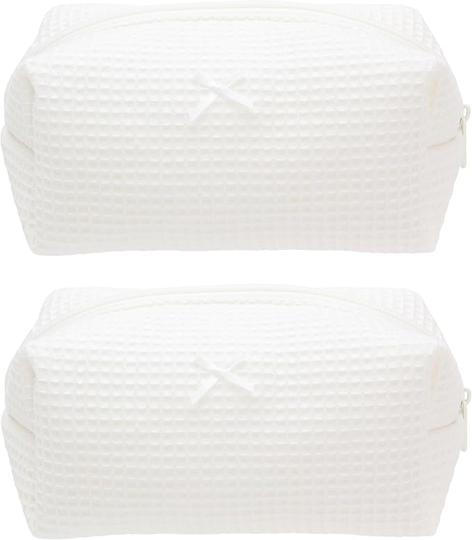 Cozy Makeup Bag for Women,Zipper Cosmetic Pouch,Waffle Cream White,2 Pack