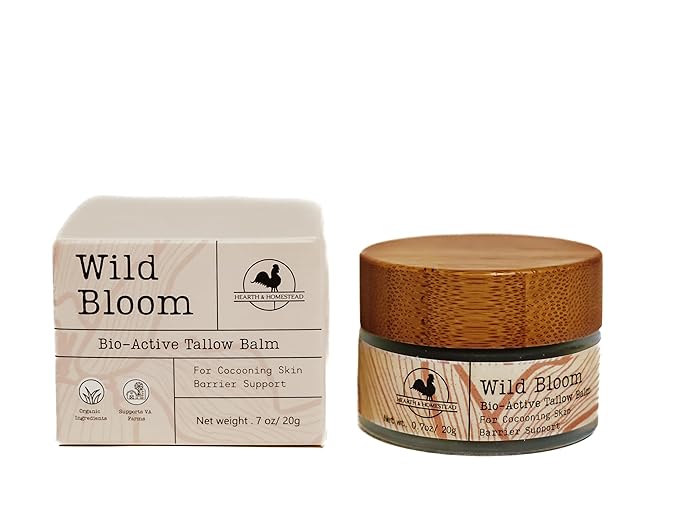 Hearth and Homestead: Handmade Wild Bloom Bio-Active Tallow Face Balm/Cream with Blue Tansy - Hydrate, Nourish, and Protect Skin -.7 oz