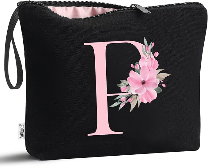 Vavabox A-Z Personalized Makeup Bag, Birthday Gifts for Women Mom, Gifts for Best Friend, Bride Bridesmaid Cosmetic bag (P, 02-Black)