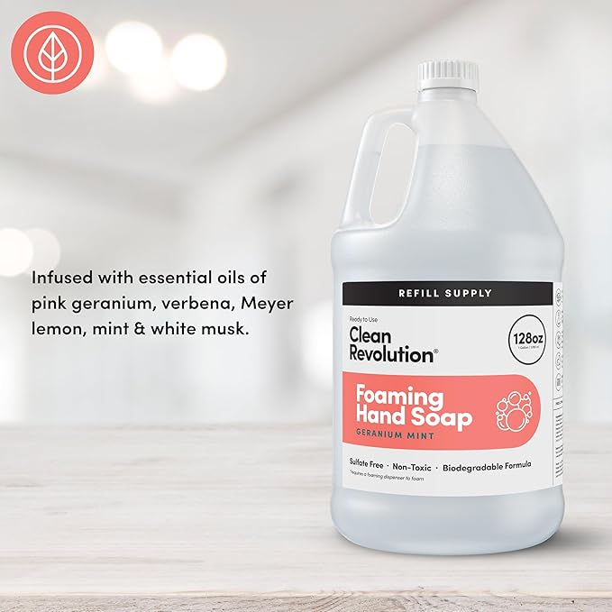 Clean Revolution Foaming Hand Soap Refill with Real Essential Oils, Moisturizing Sulfate-Free Hand Soap, Ready-to-Use Foam Soap Refill for Kitchen & Bathroom (Geranium Mint) 128 Fl Oz