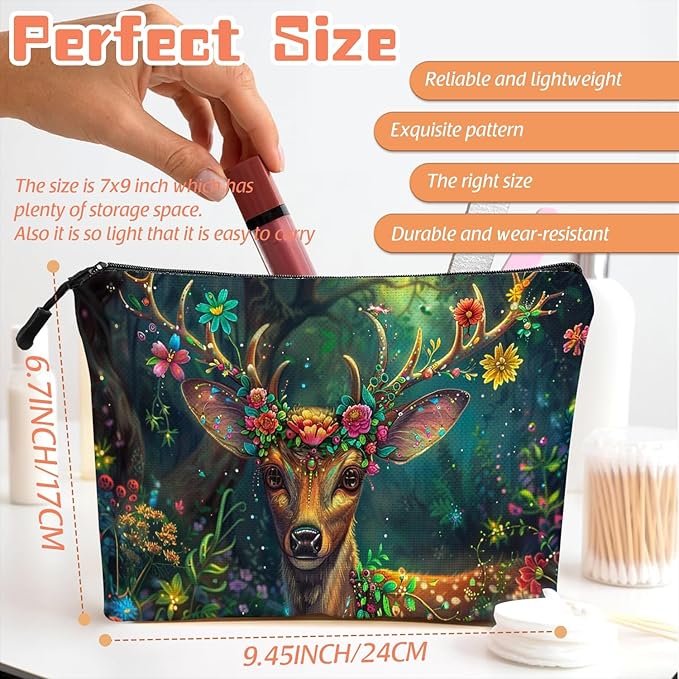 Scribesense Cosmetic Bags Travel Makeup Toilet Case Waterproof Pouch for Women Girls 6.7X9.45inches - Deer'S Graceful Look With Blooming Antlers