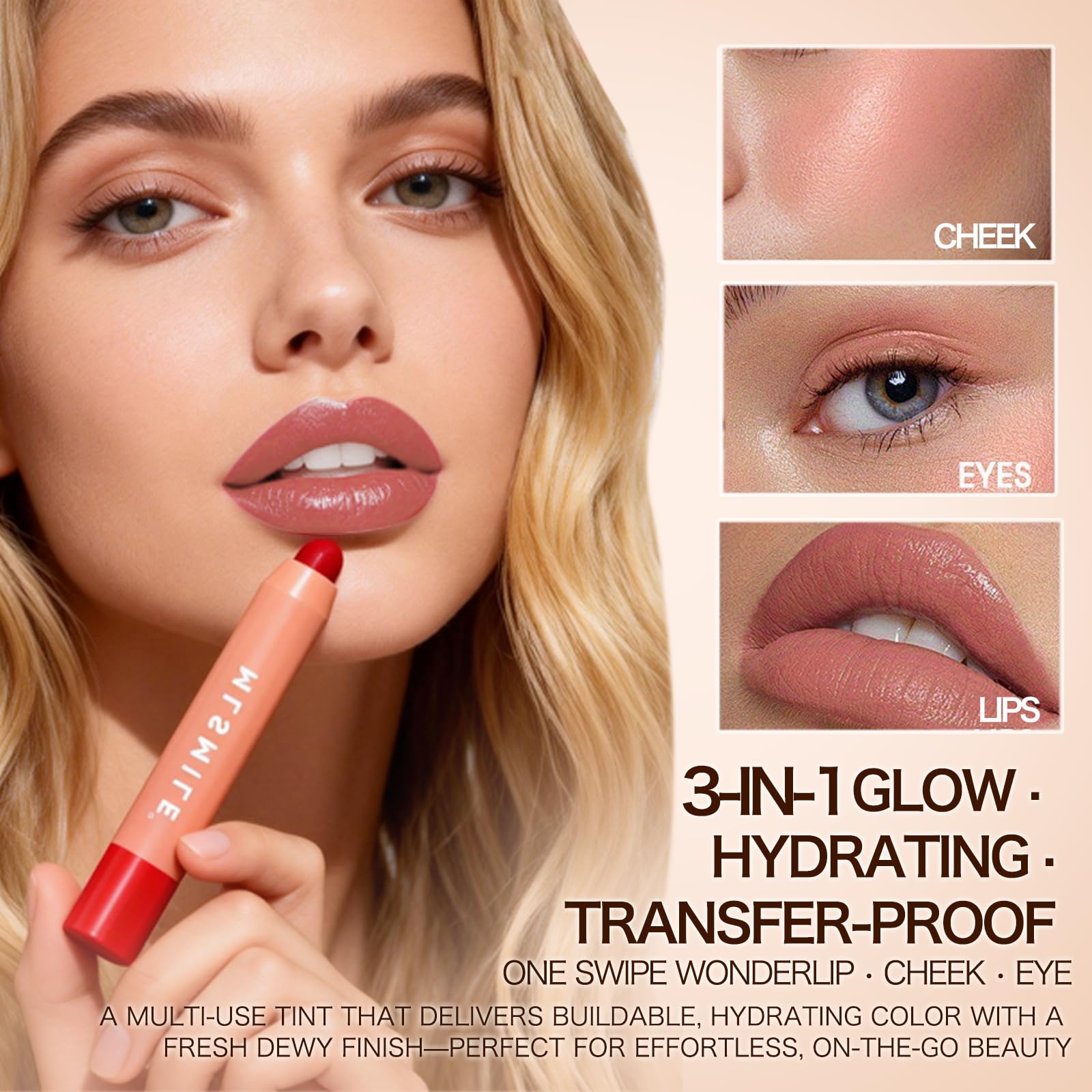 Plum Lip Tint & Gloss 3-in-1 Multi-Use Stick, Cream Blush Eyeshadow Base, Waterproof & Transfer-Proof Lip Stain, All-Day Hydrating Wear #Coral