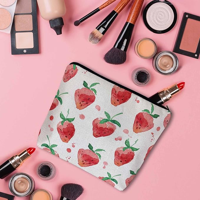 Kalygon Strawberry Cosmetic Travel Bag For Toiletries, Summer Fruits Strawberry Red Makeup Bag Toiletry Bags For Women, Flax Cosmetic Bags Make Up Bag Purse Toiletries Bag Birthday Gift