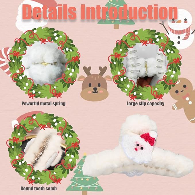 BMKKOT Christmas Hair Clips White Plush Acrylic Hair Claw Clips Cute Santa Claus Design Hairpins Xmas Hair Accessories Nonslip Large Clamp Clips for Medium Thin Hair Decoration 1Pcs