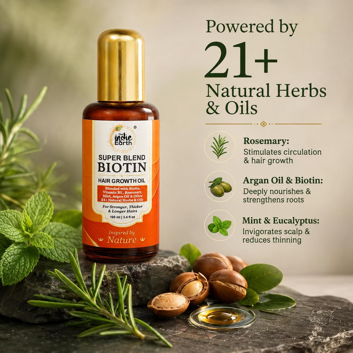 Super Blend Rosemary Mint Biotin Hair Growth Oil With Vit B5 & E, Argan & 21+ Natural Herbs for Scalp & Hair Strengthening - Controls Hair Fall and Promotes Healthy Hair Growth 100 ml