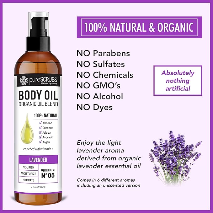 pureSCRUBS Ultra Moisturizing Lavender Body Oil for Dry Skin, 4 oz