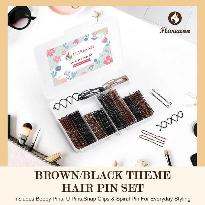 FLAREANN Brown & Black Bobby Pins Set with U Shape, Spiral Pin & Snap Clips