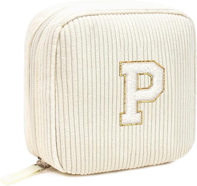 LETGO Cute Makeup Bag for Women - Monogram Personalized Initial Makeup Bags Cosmetic Pouch Make Up Case for Women Her Best Friend Friendship Sister Teacher, Birthday Gifts for Women (Letter P, Beige)