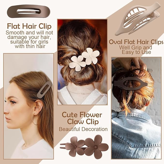 6 Pack Large Flat Claw Clips for Women, French Matte Non Slip Flat Hair Clips, 3 Styles Strong Hold Side Slide Barrettes for Thick Thin Fine Hair, Duckbill No Crease Hair Accessories (Black&White)