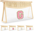 Small Boho Straw Initial Letter Makeup Bag Personalized Gift,Cute Clear Chenille Patch Makeup Bag With Zipper,Trendy TSA Approved Travel Toiletry Bag,Gift for Women Girls Birthday Friend, Letter G