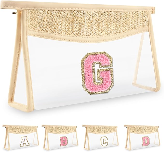 Small Boho Straw Initial Letter Makeup Bag Personalized Gift,Cute Clear Chenille Patch Makeup Bag With Zipper,Trendy TSA Approved Travel Toiletry Bag,Gift for Women Girls Birthday Friend, Letter G