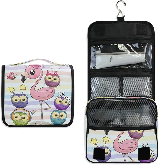senya Hanging Travel Toiletry Bag Cute Cartoon Pink Flamingo And Five Owls Kit Makeup Case Cosmetics Organizer for Men Women