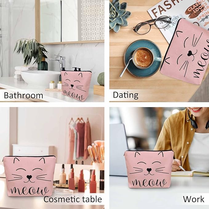 Kalygon Cat Cute Cosmetic Bags For Women, Funny Kitten Cat Face Meow Roomy Makeup Bag Toiletry Bag Accessories Organizer Storage Bags Makeup Pouch For Travel Business Gym Camping Bathroom, Pink