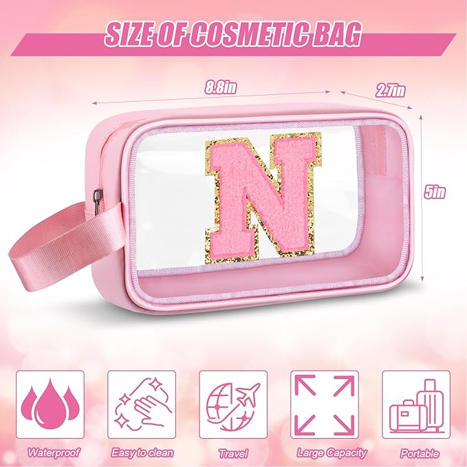 Vodolo Initial Makeup Bag,Letter N Cute Clear Monogrammed Cosmetic Travel Bag for Womens Girls,Personalized Pink Aesthetic Traveling Make Up Organizer Bag for Beach,Waterproof Toiletry Bag