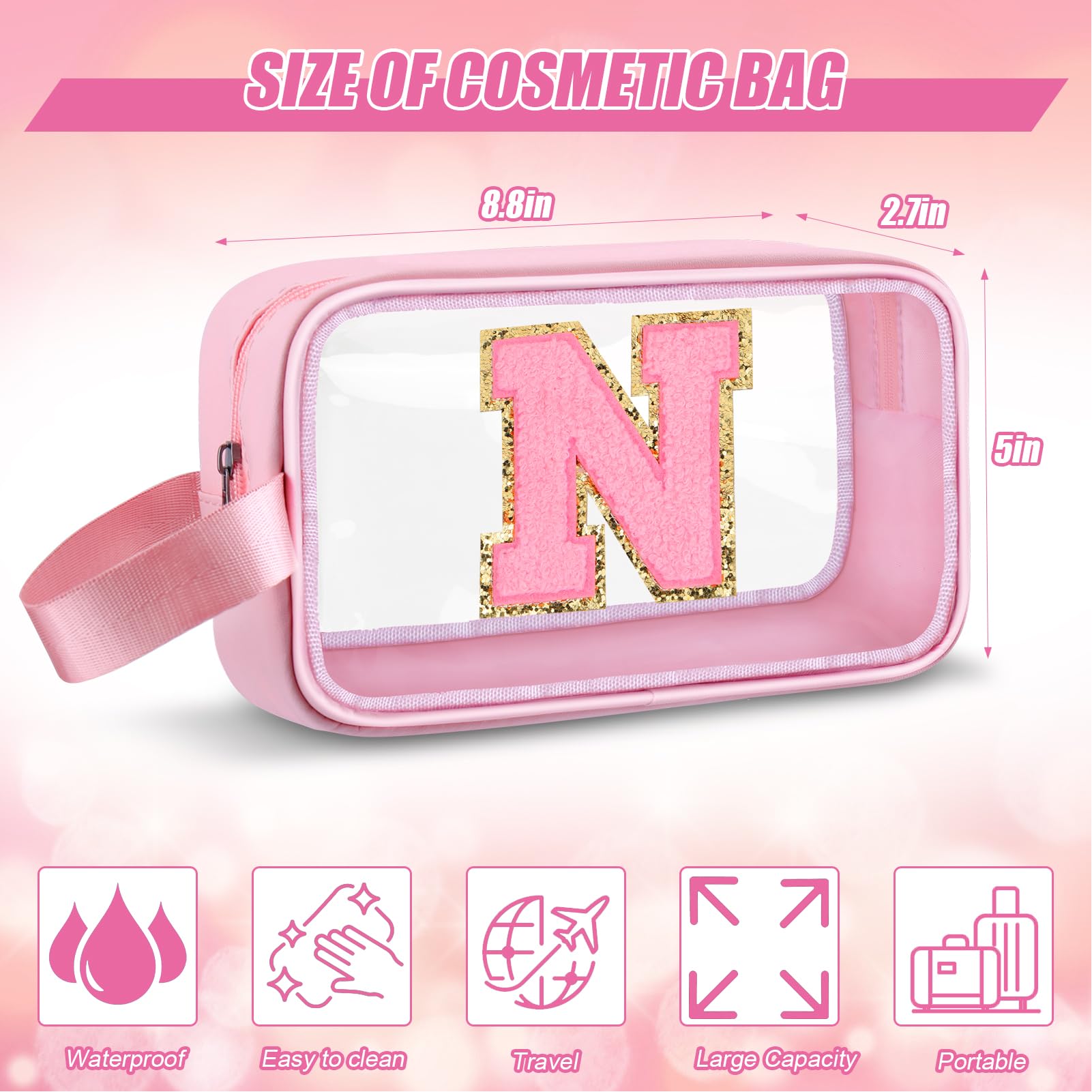 Vodolo Initial Makeup Bag,Letter N Cute Clear Monogrammed Cosmetic Travel Bag for Womens Girls,Personalized Pink Aesthetic Traveling Make Up Organizer Bag for Beach,Waterproof Toiletry Bag