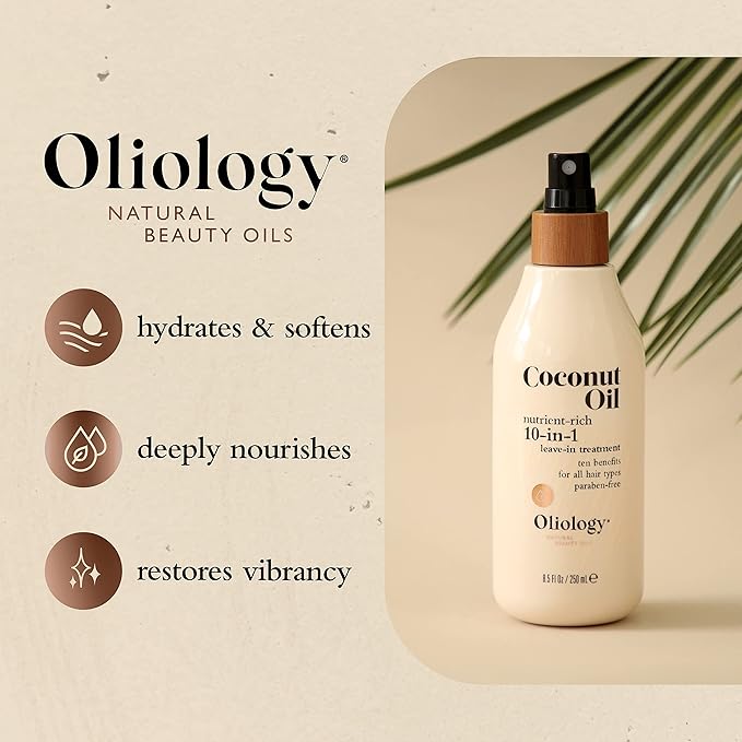 Oliology Coconut Oil 10-in-1 Multipurpose Spray - Leave in Treatment for All Hair Types | Detangles, Controls Frizz, Hydrates & Moisturizes | & Paraben Free (8.5 oz)