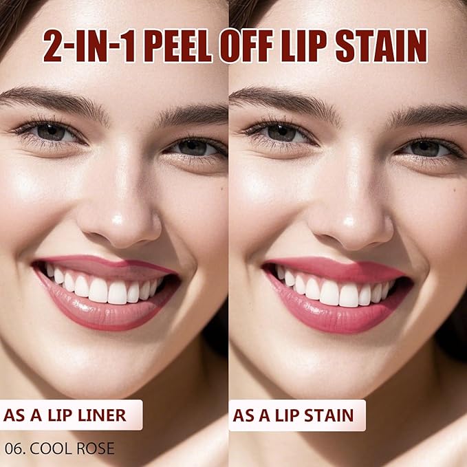QCMME Lip Liner Stain Peel Off with Tweezer, Long Lasting Matte Lip Tattoo, Highly Pigmented Color Lip Tint Makeup, Waterproof, Transfer-proof Lipstain for Women, for All Skin Types Cool Rose