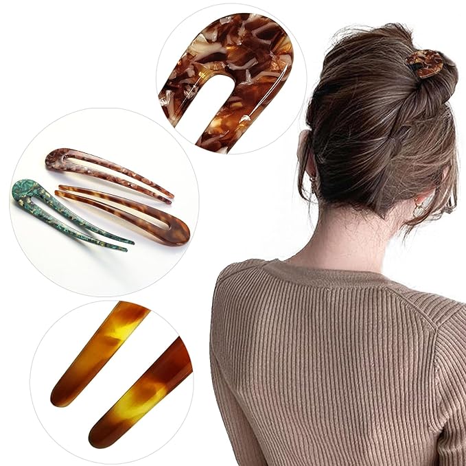 HYFEEL French Hair Pins U Shape Updo Hair Forks 2 Prong Bun Twist Chignon Stick Clips for Women Hair Accessories, 3 Pcs (Green,Tortoise,Brown Floral)