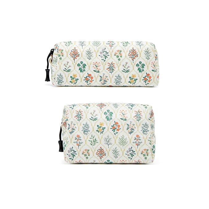 ZOEMTIU Makeup bag set small Cosmetic bag for women purse Corduroy Organizer with interior Pockets Pencil zipper Pouch travel Toiletry Bag with handle(Multi-Plants)