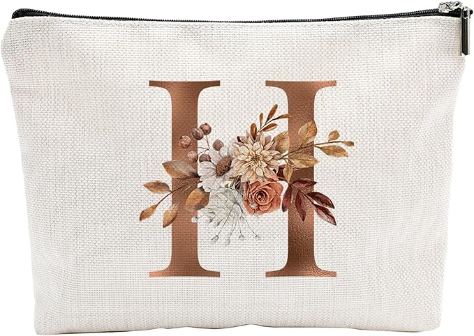 YKYENR A-Z Boho Personalized Cosmetic Bag-Floral Cotton Letter Makeup Bag With Zipper-Artistic Cosmetic Bag For Travel-Bride,Birthday Gift For Women Daughter Friends-Women Makeup Organizer-A08