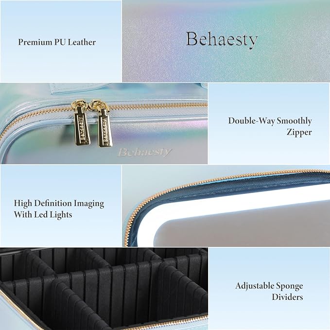 Behaesty Travel Makeup Bag with LED Lighted Mirror, Cosmetic Makeup Organizer Bag with 3 Color Setting, Makeup Train Case with Adjustable Dividers for Women Makeup Brushes Jewelry Accessories