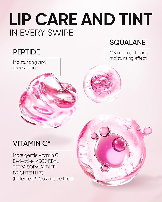 Hydrating Brightening Lip Serum, Smooth Tinted Lip Stain, Plumping Lip Gloss with Polypeptide Squalane, Moisturizing Balms, Brighten Dark Lips, Korean Beauty Makeup (04 Pink Berry)