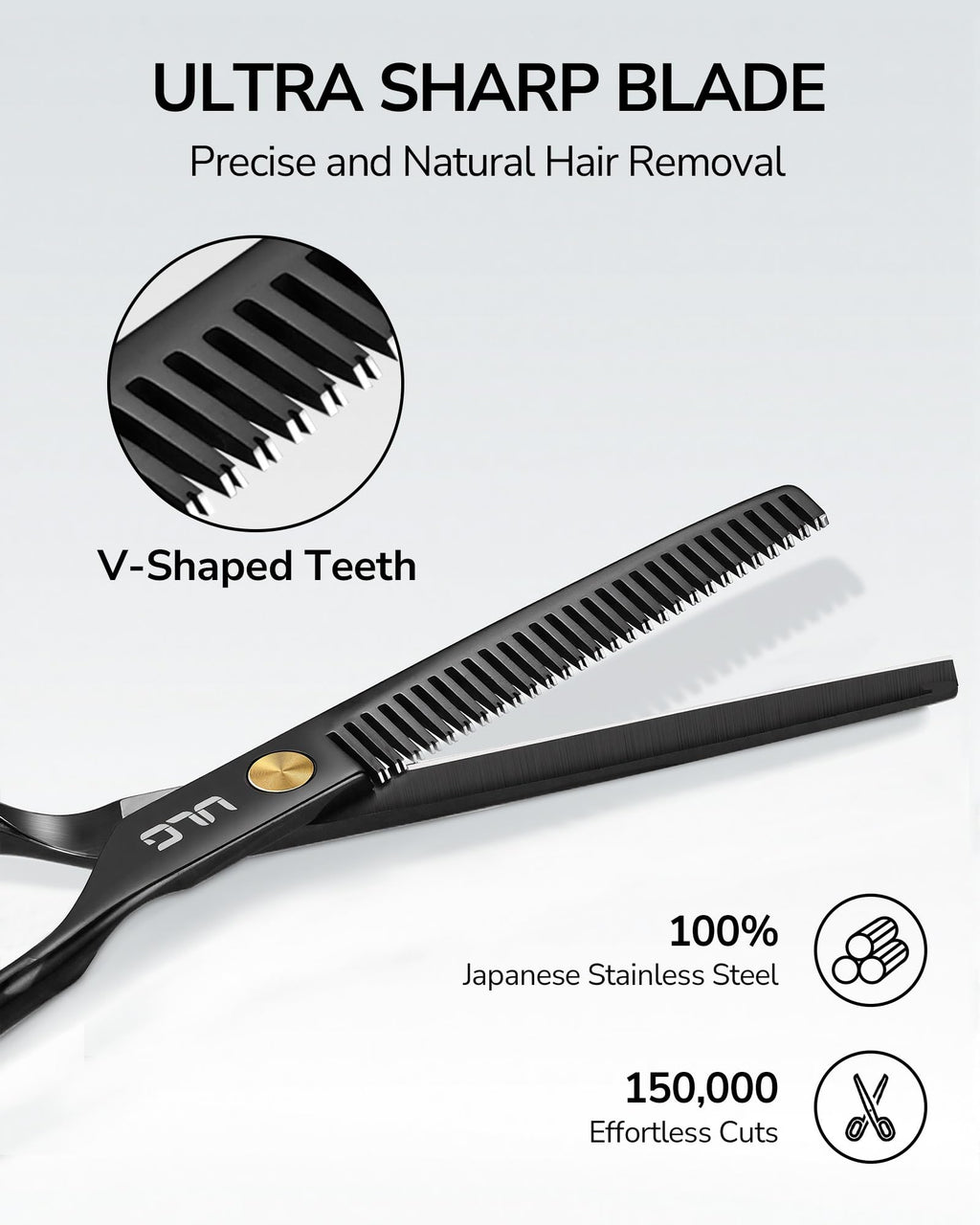 ULG Professional Thinning Shears for Hair Cutting - 6.5’’ Hair Thinning Scissors, Ultra Sharp Japanese Stainless Steel, Ergonomic Handle for Barbers, Stylists, Salon & Home Use, Black