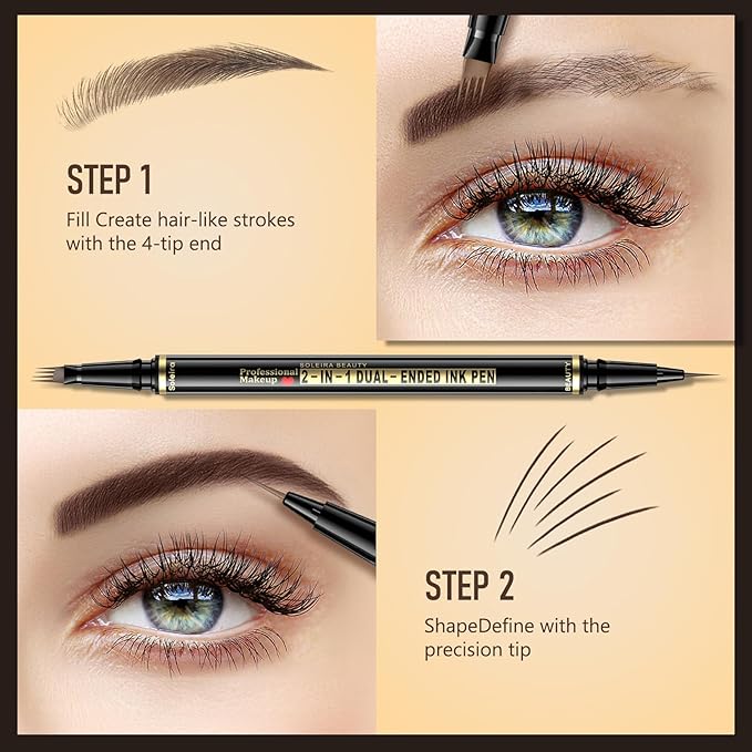 Eyebrow Pen, Soleira Waterproof Eyebrow Pencil with 4 Tip Microblading Eyebrow Pen and Dual-ended Eyebrow Brush, for Natural-Looking Brows, Long-Lasting, DNSO Dark Brown