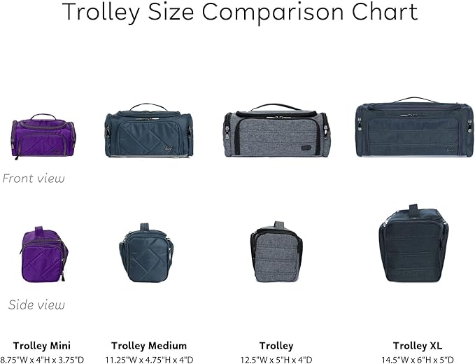 Lug Trolley Medium Cosmetic Case for Travel – Multiple Zipper Compartments, Wipeable Interior, 100% Polyester – METALLIC BLACK