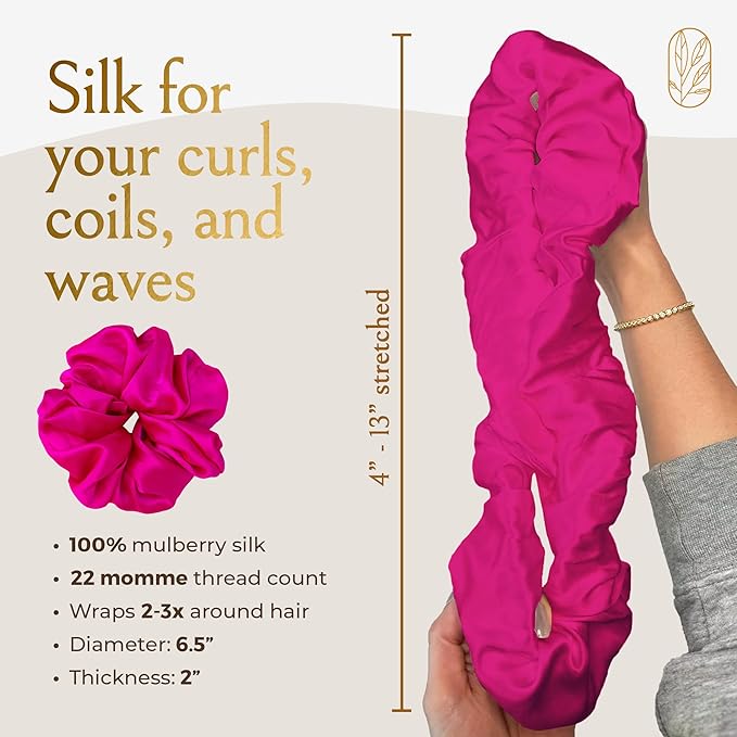 Curlfriend Oversized Mulberry Silk Scrunchies for Women, XL, Hot Pink Peony