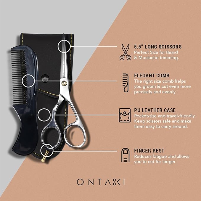 Ontaki Beard & Mustache Scissors & Combs for Men - 5.5" Silver, Left Hand