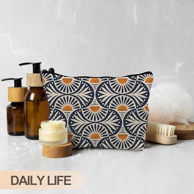 RYYCDOI Boho Gifts for Women, Boho Orange Sunset Leaf Aesthetic Makeup Bag, Boho Makeup Bag for Women, Vintage Boho Sunrise Sunset Cosmetic Bags Toiletry Bag, Boho Beach Bag(PU)