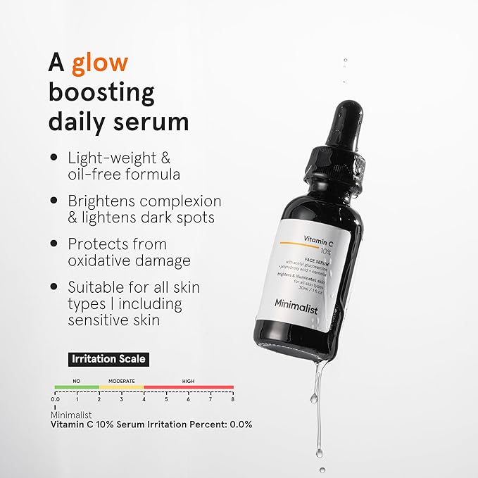Minimalist 10% Advanced Vitamin C Serum for Glowing Skin | Brightening & Dark Spot Treatment | Treats Uneven Skin Tone, Dullness & UV Damage | Daily Face Serum (Stable Vitamin C) | 30ml/1 FL Oz