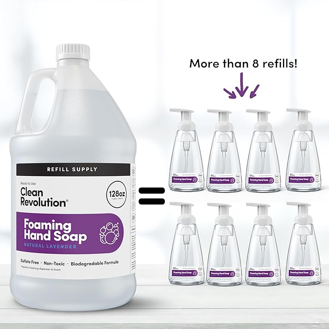 Clean Revolution Foaming Hand Soap Refill with Real Essential Oils, Moisturizing Sulfate-Free Hand Soap, Ready-to-Use Foam Soap Refill for Kitchen & Bathroom, Natural Lavender (128oz, 4 Pack)