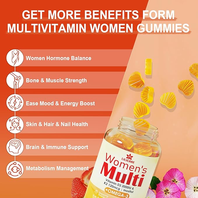 Womens Multivitamin Gummy, GLP-1 Friendly Methylated Multivitamin for Women w/Omega 3（DHA/EPA), Vitamin D3 K2, Calcium, B Complex, L-MethylFolate, Methyl B12, Women's Vitamins, Sugar Free, 120Cts