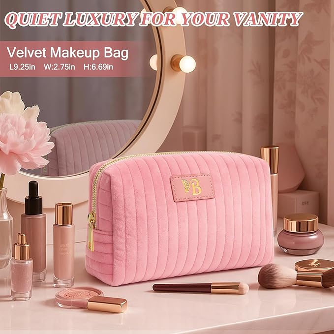 BagUrshion Monogrammed Make Up Bags for Women,Personalized Cosmetic Bags Women,Small Quilted Makeup Pouch,Cute Makeup Bag Travel,Birthday Gifts for Teen Girl (Pink B)