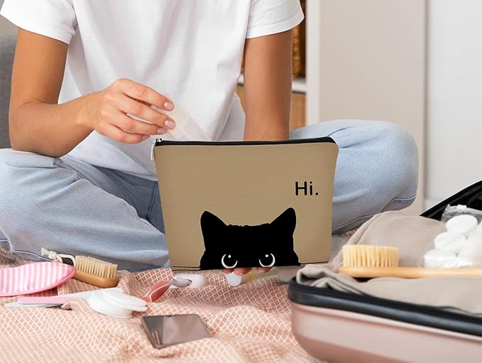 BARPERY Cute Makeup Bag - Black Cat Kitty Cosmetic Pouch for Women, Cat Gifts