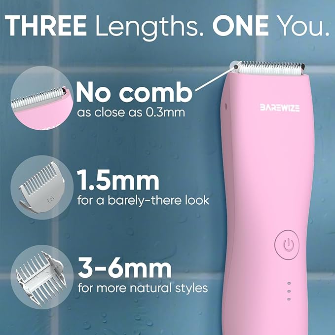 BAREWIZE Bikini Trimmer for Women, Pubic Hair Trimmer | Waterproof, USB-C Rechargeable, LED Light, Replaceable Blade | Electric Razors for Women, Electric Lady Shaver (Rose)